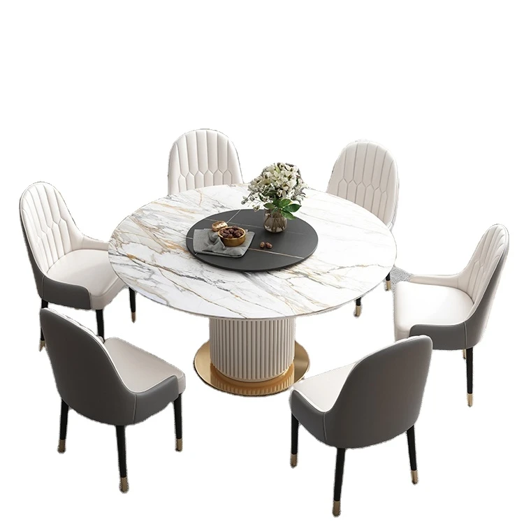 Light luxury round slate dining table with turntable  painted dining table Nordic modern two-pot rock plate round table
