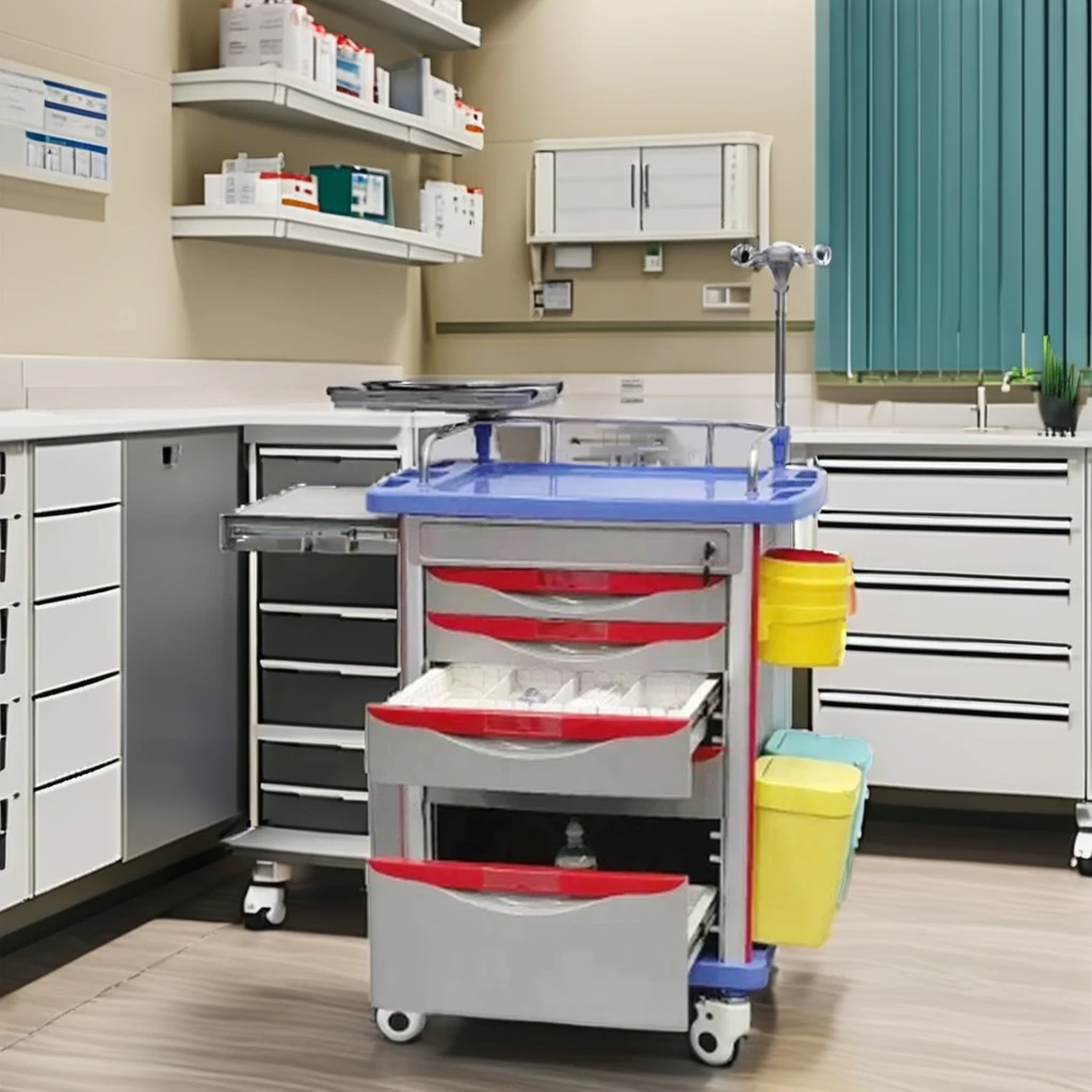 Hospital Cart Medical Emergency Trolley Plastic and Metal Nursing Treatment Cart with Drawers