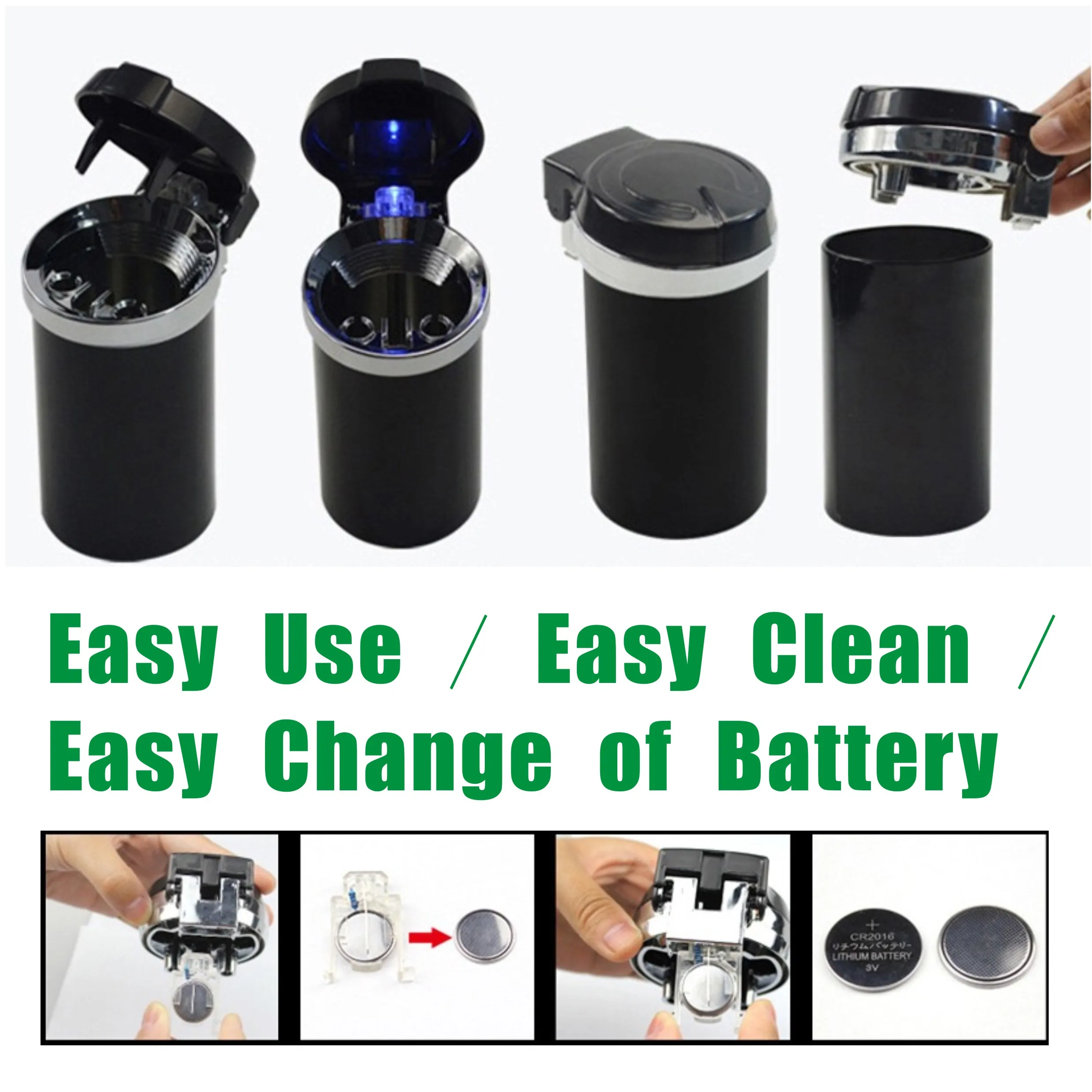 Fire Resistant LED Ashtray Black / Silver Large Capacity Place in Car Cup Holder Metal Cup Portable Ashtray