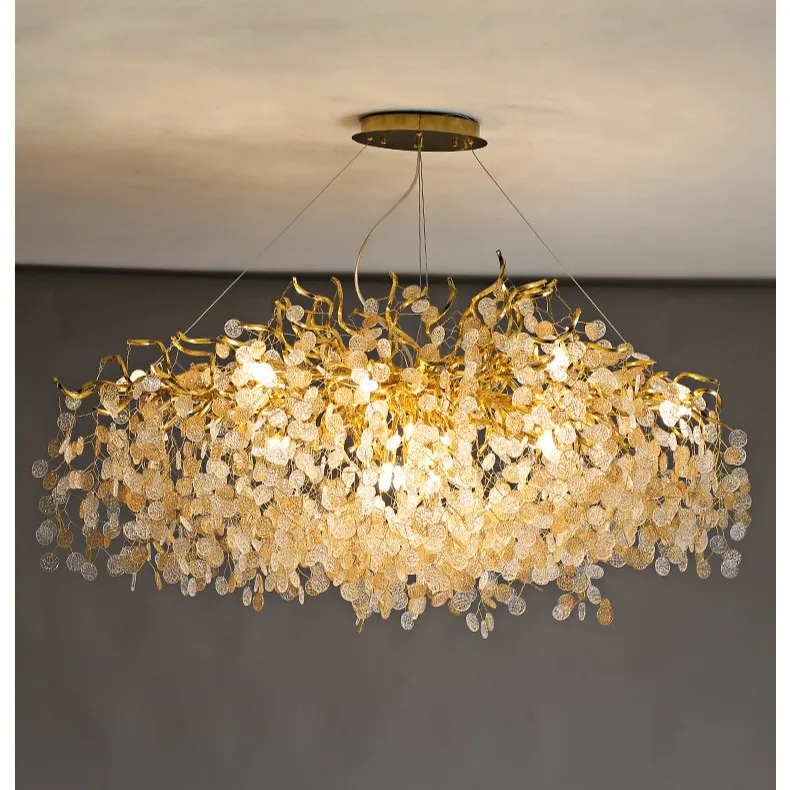 Modern Light Luxury Rain Drop Golden Aluminum Branch Creative Glass Led Chandelier