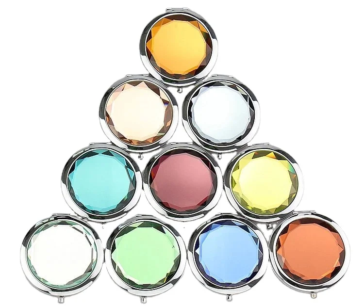 Souvenir Gift Hand Mirror Custom Made Diamond Shape Crystal Folding Pocket Mirror Customized Logo Metal Make Up Mirror