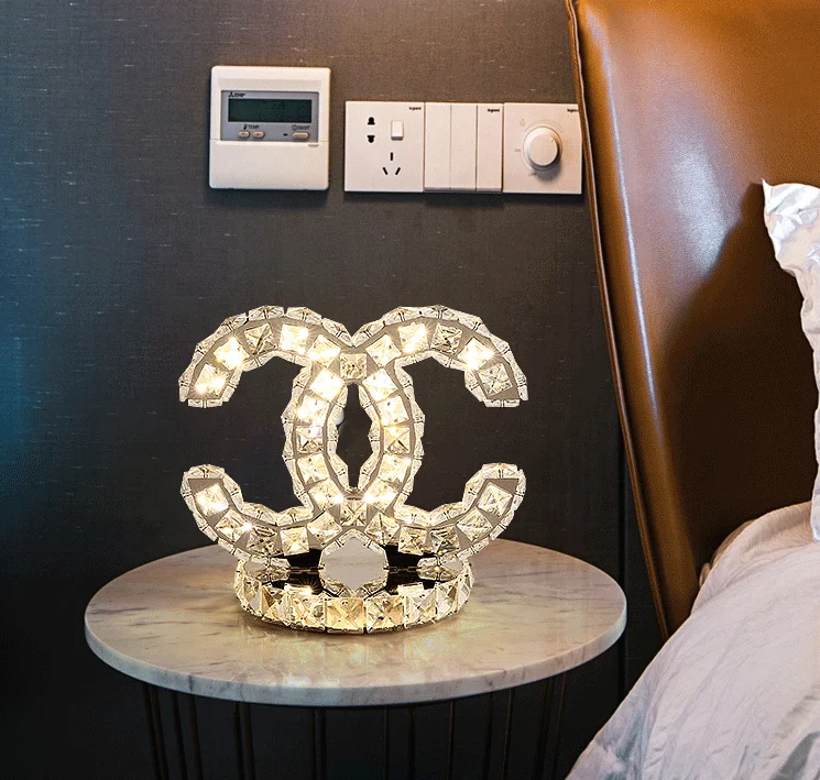 Biumart Nice Quality Clear Crystal Stainless Fashion Table Bedside Lamp Double C Light