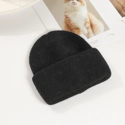 2021 new plain rabbit fur warm hat winter plain plush knit hat