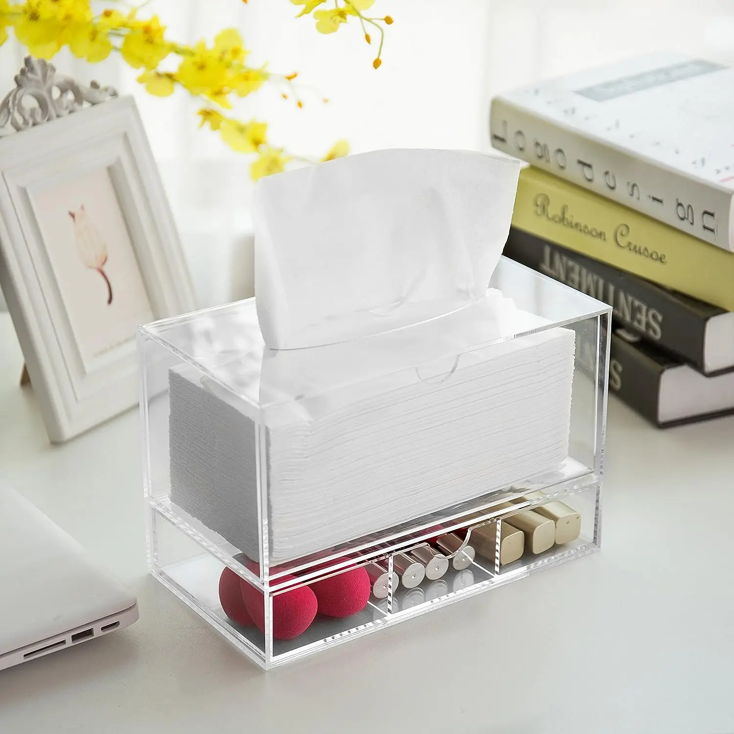 Factory Wholesales Modern Clear Acrylic Countertop Pull Out Storage Drawer/Cosmetic Organizer Box w/Tissue Dispenser