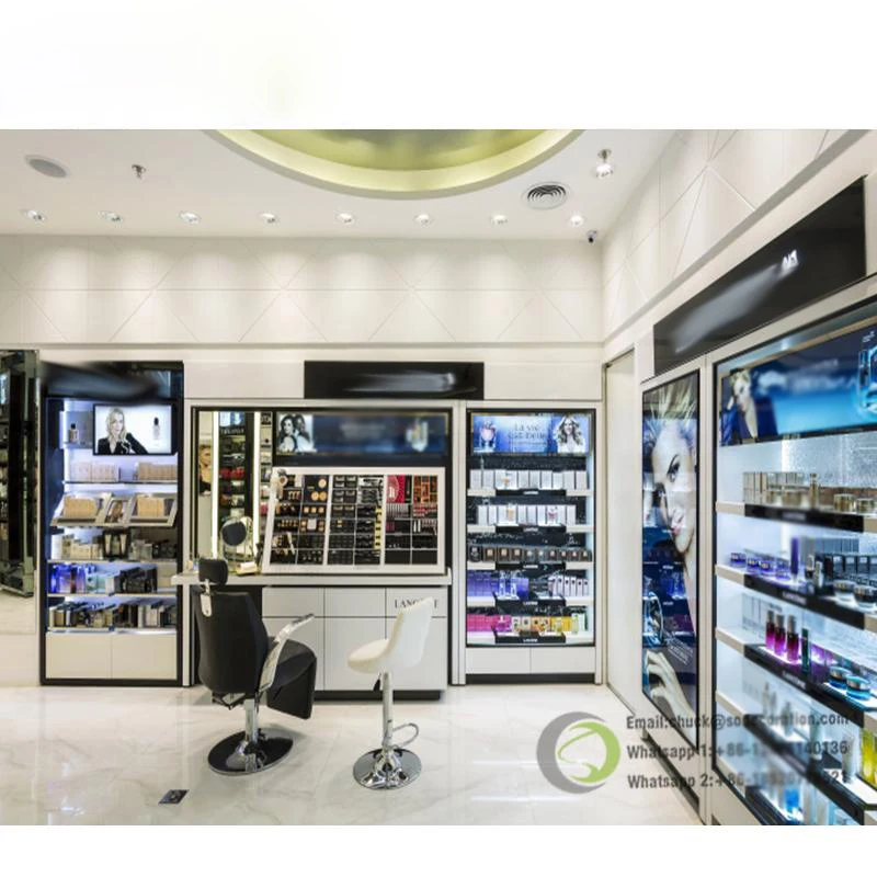 Fashion Shop Perfume Stand Makeup Display Case Acrylic Metal Wood Glass Cosmetic Display Showcase