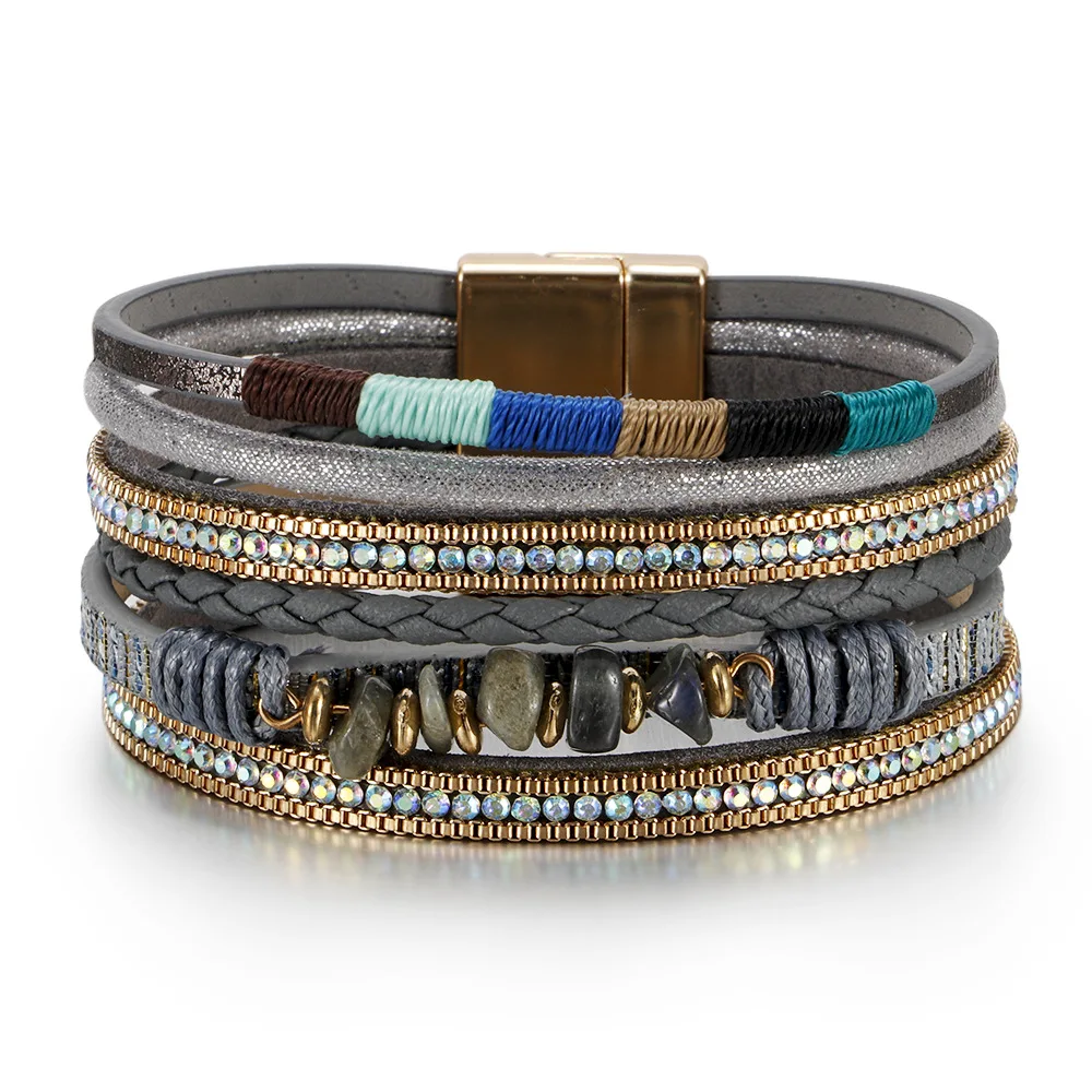 Wholesale Irregular Crushed Turquoise Bohemia Bracelet Handmade Colorful Rope Woven Multi-Layer Leather Bracelet For Women