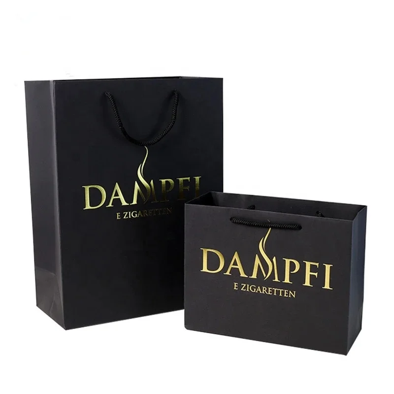 Custom logo gold foil embossed printing black luxury high quality paper gift bag