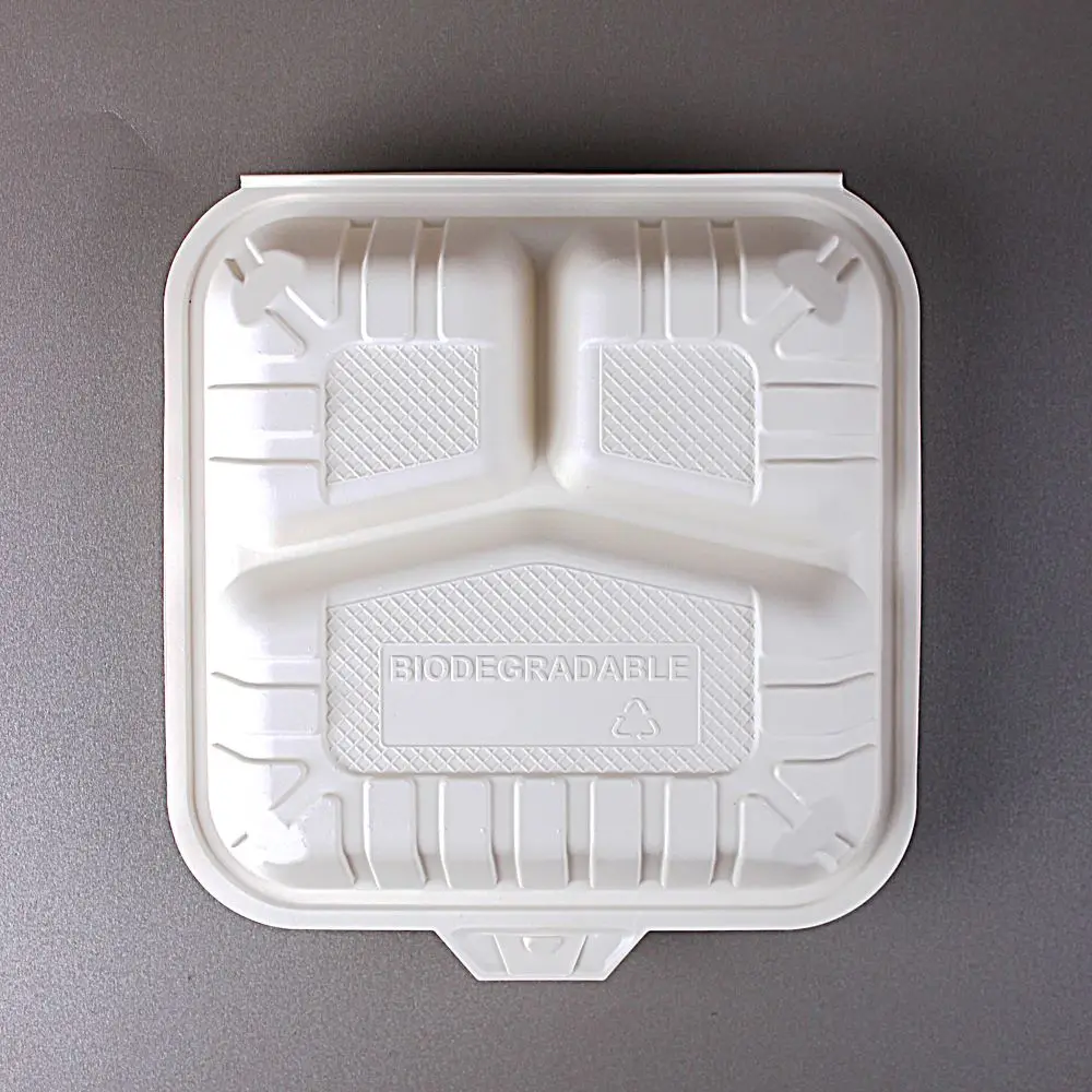 PLALEAVES Biodegradable 1000ml 3 Compartment Corn Starch Food Clamshell for Takeaway Eco Friendly Food Packaging