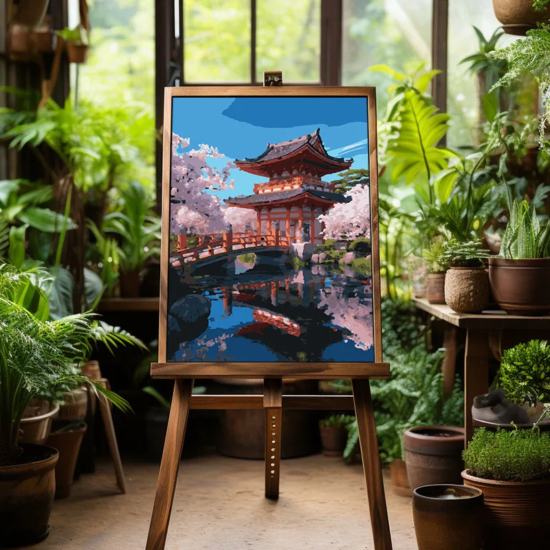Custom Japanese-style Architecture Hand Painted Oil Painting by numbers on Canvas for Home Decor