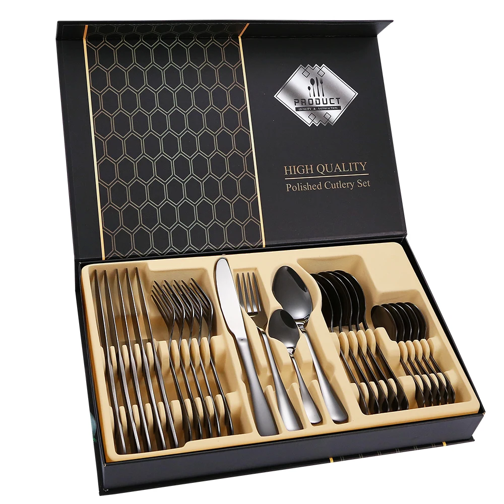 Modern style spoon and fork flatware stainless steel knife silver luxury tableware dinner gold wedding cutlery with box