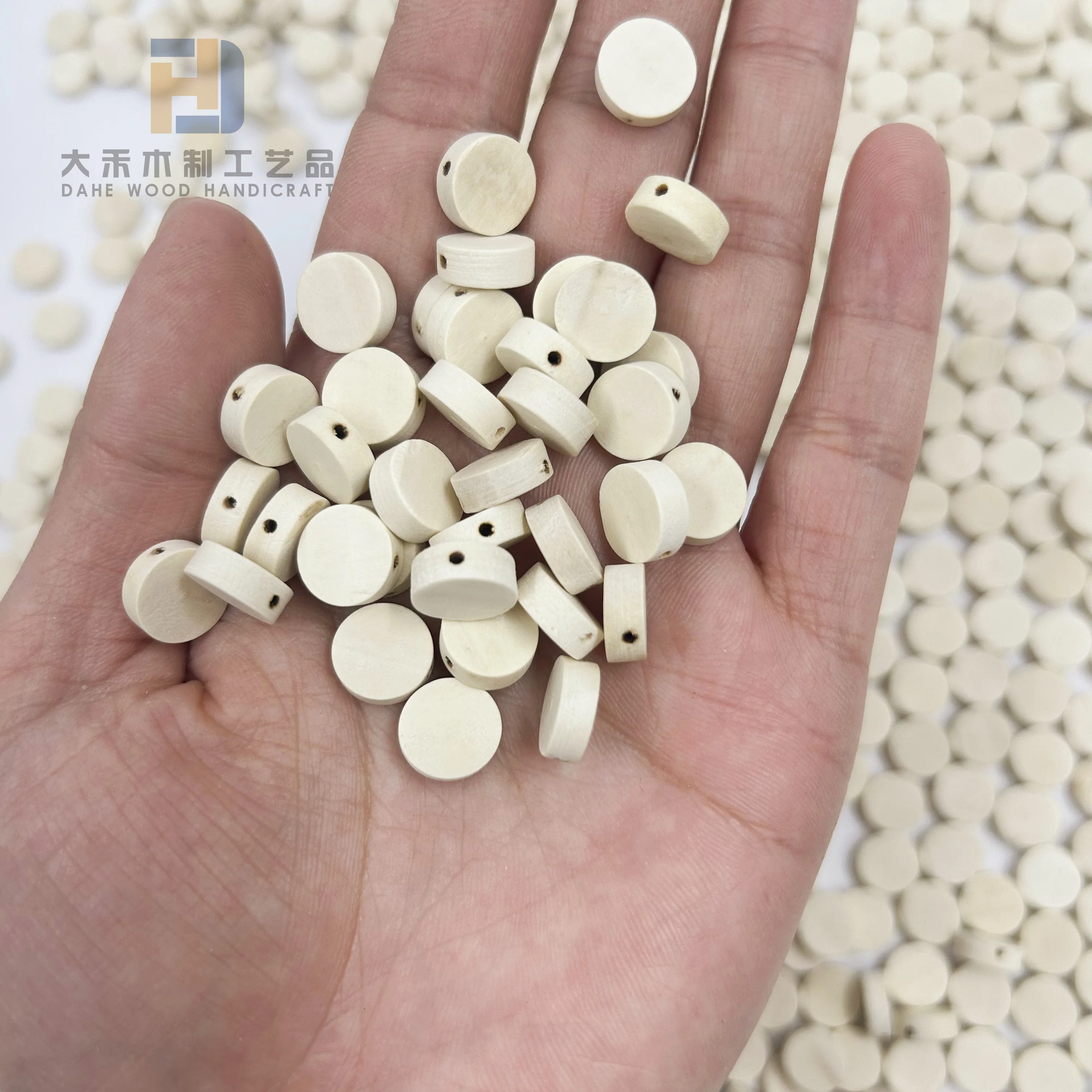 Wholesale Price Wooden 10mm Round Flat Bead with Cross Hole Custom Wood Loose Beads for DIY Crafts Bracelet Making Decoration
