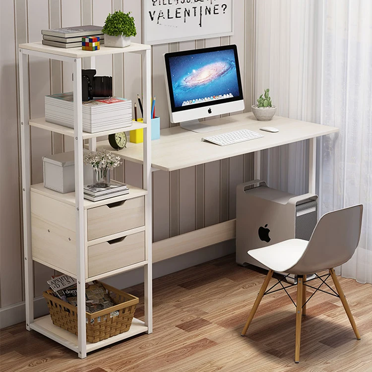 Wooden Office Desk Study Writing Home Steel Wood Desktop Computer Table with Shelf and Drawers