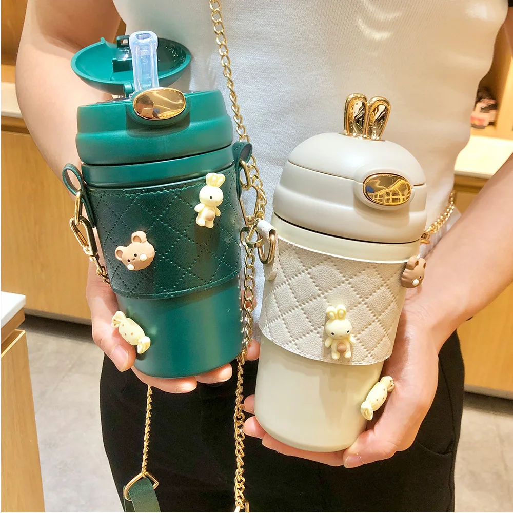 Seaygift New Bunny rabbit ear portable shoulder strap thermal insulated cups stainless steel vacuum flask thermos water bottle