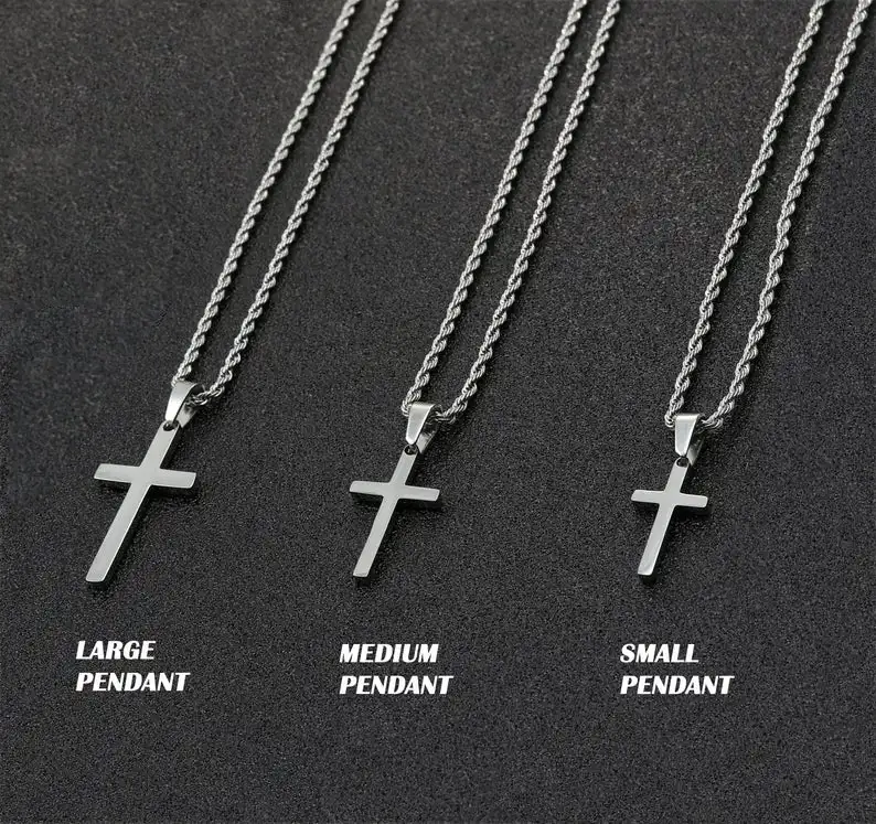  3 sizes hiphop cross jewelry stainless steel plain pendant crucifix charm rope chain men silver