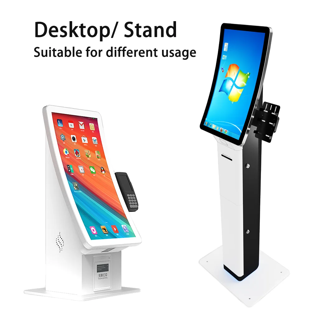 queue system 23.6' slim colomn curved screen kiosk with qr scanner pos holder payment terminal queue kiosk for bank