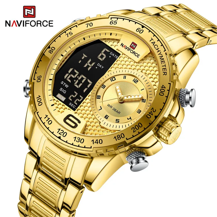 NAVIFORCE NF9199S Fashion Dual Display Stainless Steel Chain Analog Quartz Digital Watch for Men