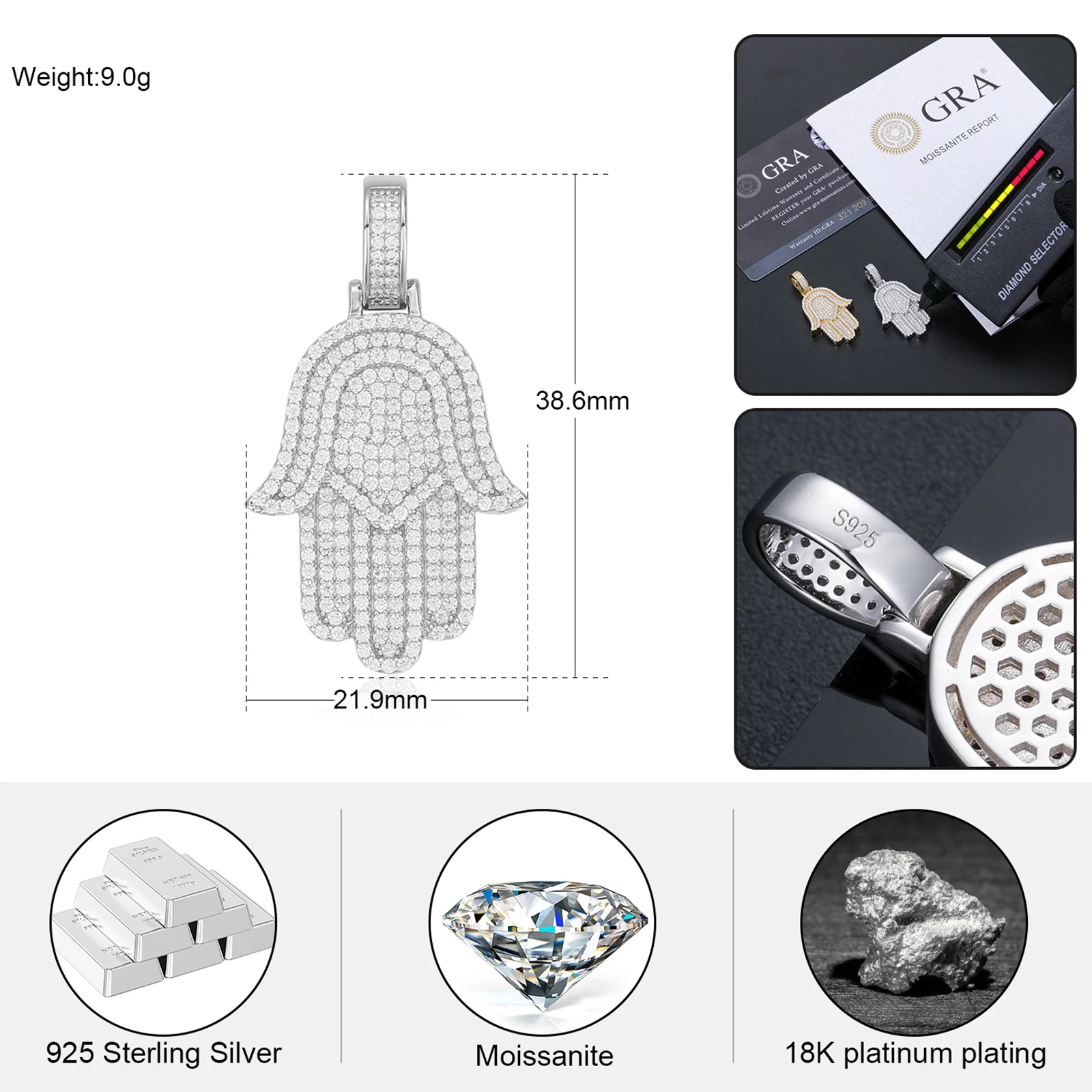 Wholesale Hip Hop Jewelry Gift Rappers 925 Sterling Silver Micro Paved VVS Moissanite Diamond Iced Out Hamsa Hand Pendant