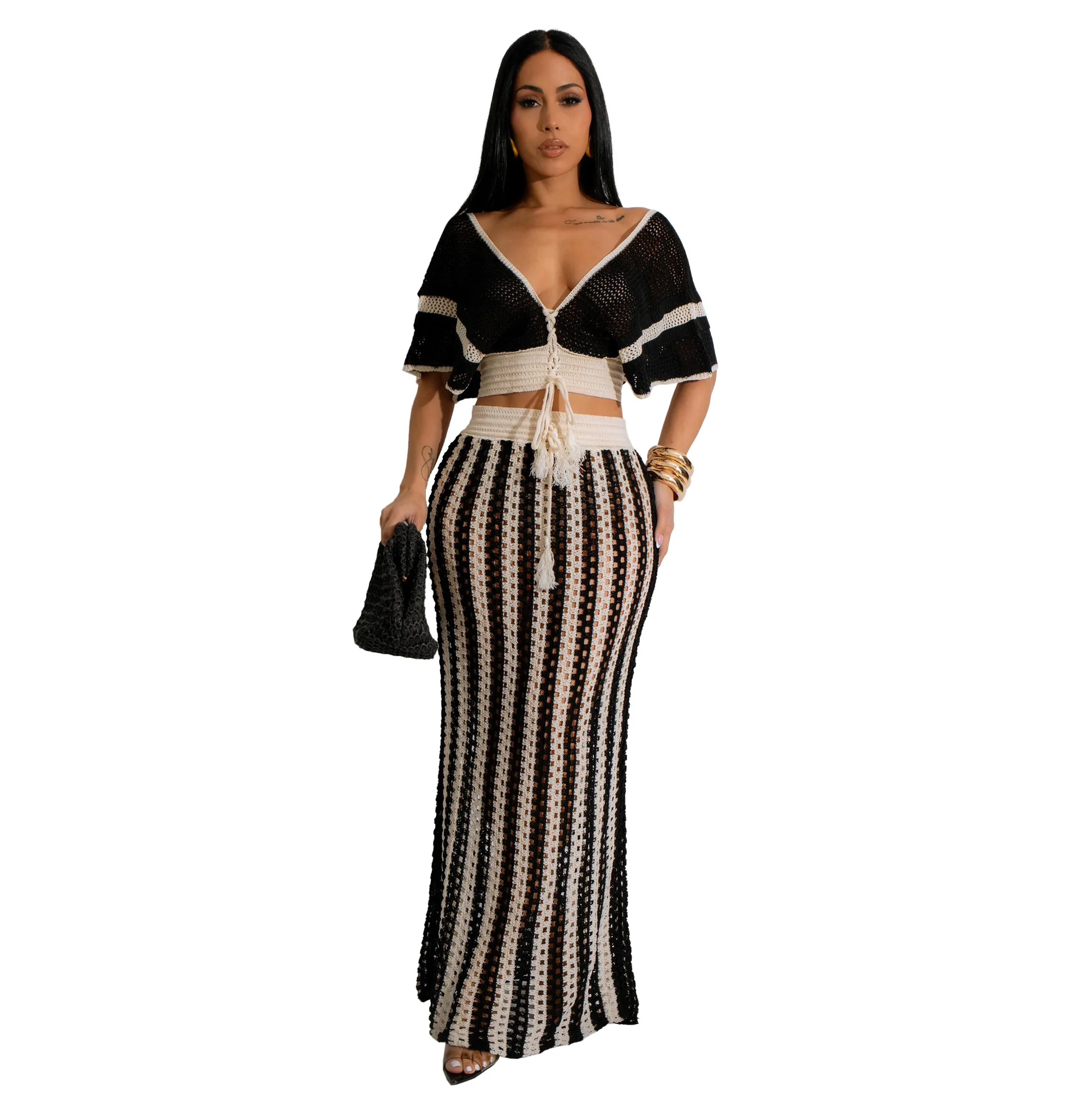summer beach wear crochet two piece set skirt and top woman fashion white top and skirt set