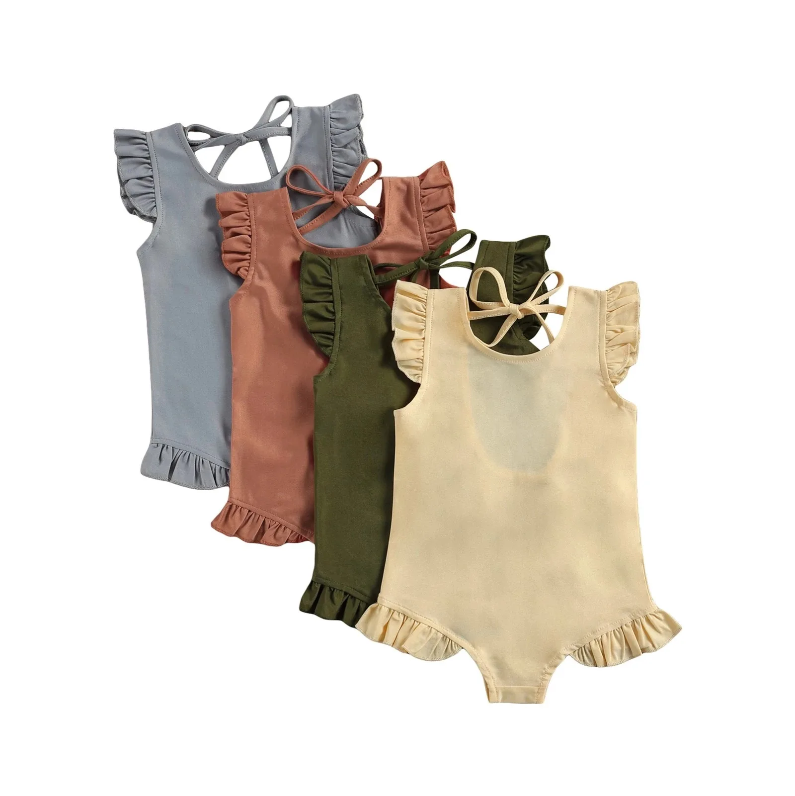 
2021 Toddler Kid Baby Girl Ruffled Short Sleeve Solid Color Backless Swimsuit Children Swimming Beach 4 Colors Swimwear 