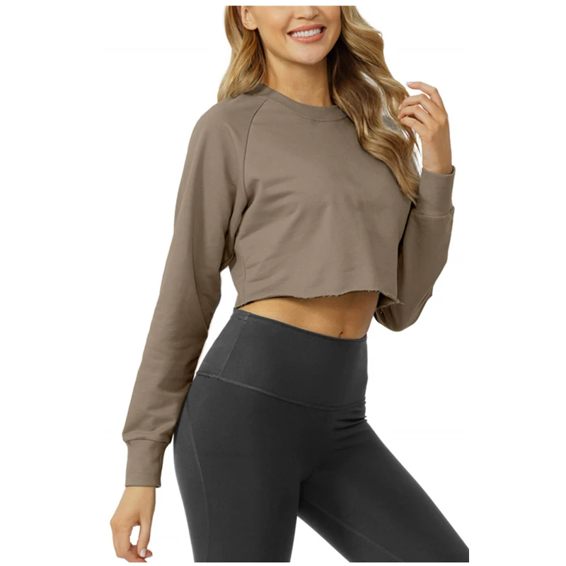 Crop Sweatshirts Crew neck Raglan Casual Long Sleeve Crop Tops for Women with Raw Hem