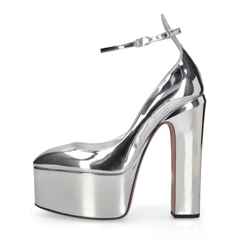 Custom Designer Shoes Patent PU Sexy Ladies Ankle Pumps High Block Heels Women Platform Shoes for Party Ankle Strap Rubber Hjj