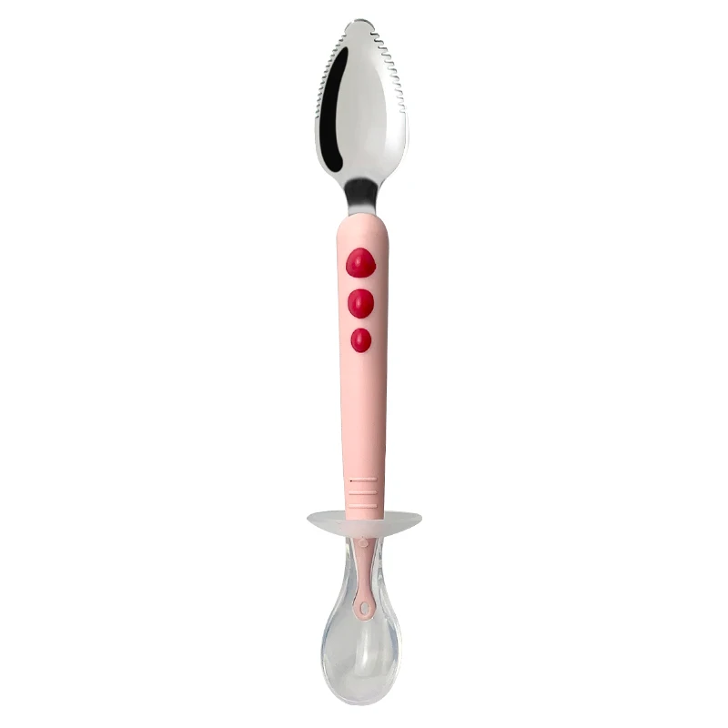 2024 Baby Fruit Scraping Spoon Stainless Steel with Double-Ended Soft Silicone BPA Free Food Grade Feeding Product