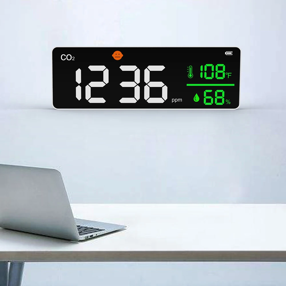 White Carbon Dioxide Detector Temperature and Humidity Monitor LED Screen Display Rechargeable Air Quality Monitor