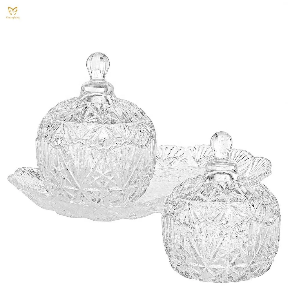 
Clear Glass Crystal Design 8 oz Sugar Bowls Set & Tray / Decorative Candy Dishes 