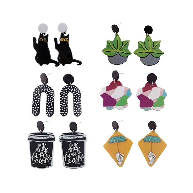2021 latest design plant flower coffee rose cat acrylic printing geometric Pendant Earrings factory customized wholesale jewelry