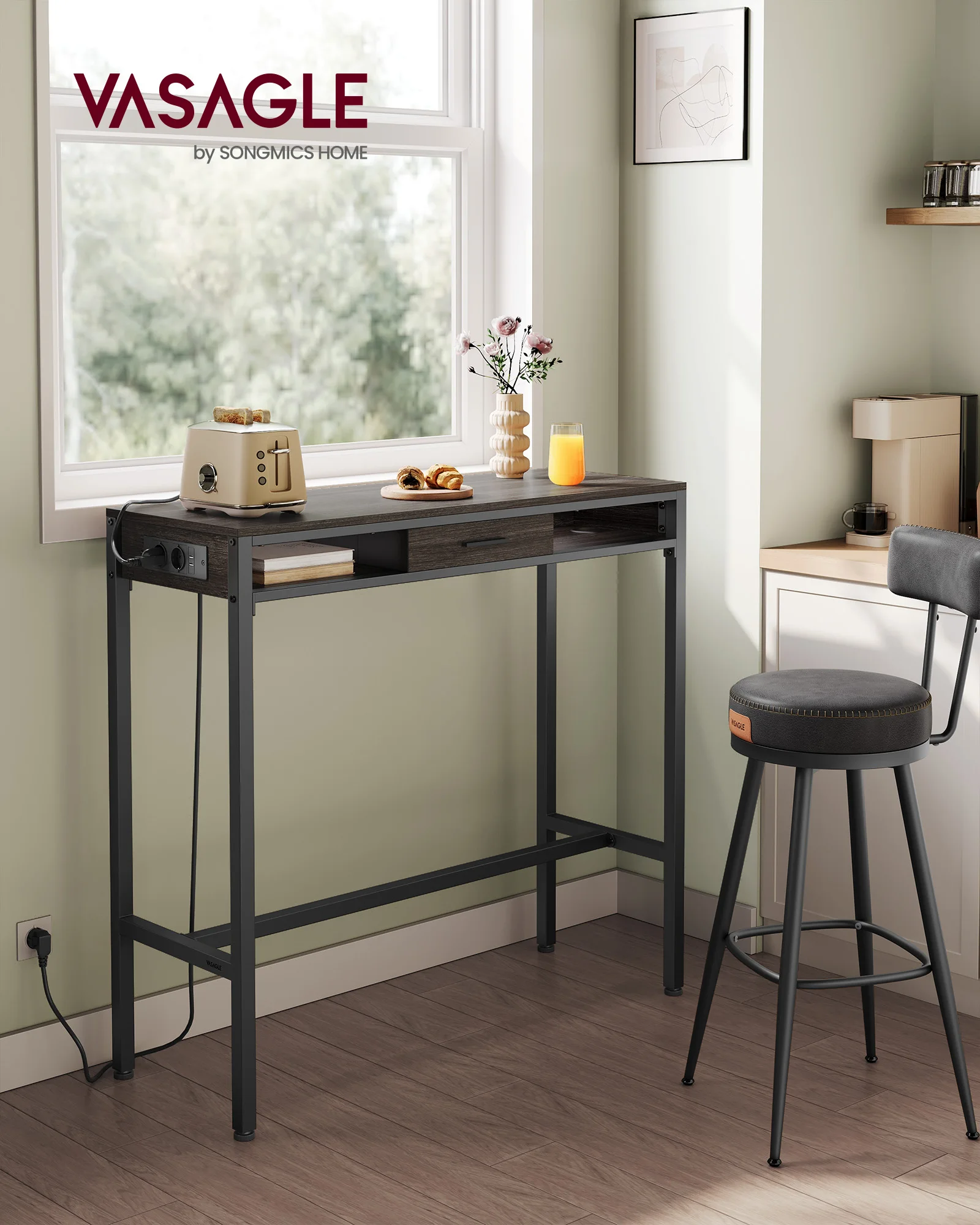 VASAGLE узкий высокий стол для паба прямоугольный кухонный хранения с подвижным ящиком 2 крючка барный розеткой