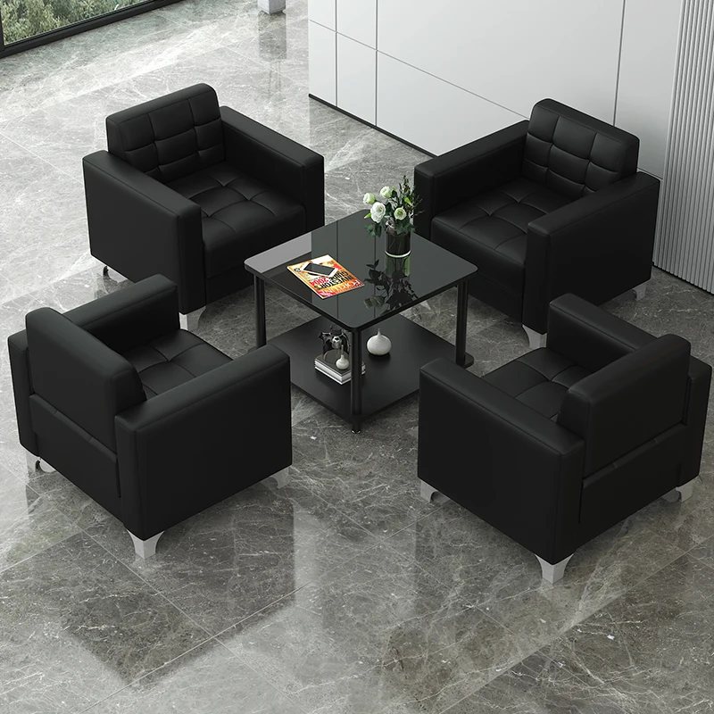 Black Office Business Reception Room Lounge Square Single Seat Leather Sofa Tea Table Set