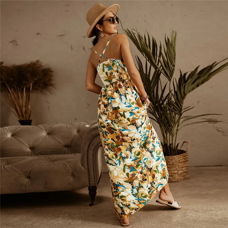 2022 New Style Ready To Ship Deep V-Neck Back Open Strap Casual Dress Summer Bohemian Style White Long Dresses Women