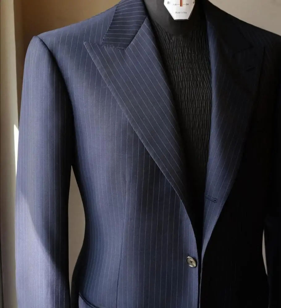Classic Navy Stripe 3 Piece Slim Fit Coat Pant Suit for Men Italian