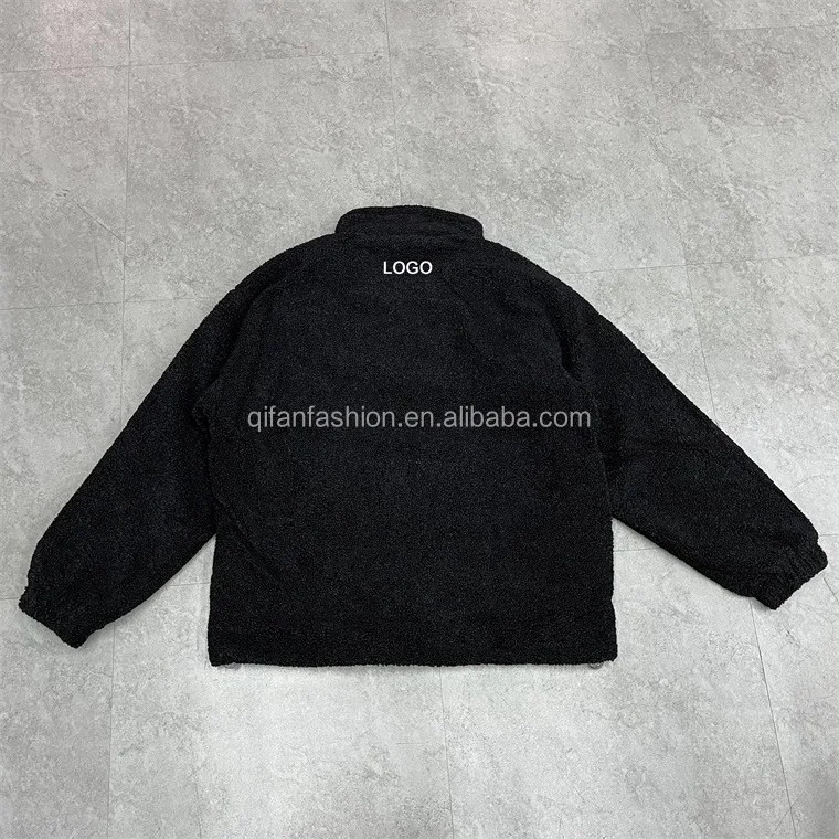 Custom high collar patchwork contrast logo fluffy sherpa fleece jacket for men