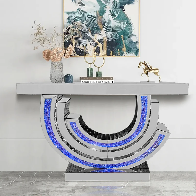 Top Seller Crushed Diamond  Mirrored Console Table with Wall Mirror Set Mirrored Hallway Table Furniture with LED RGB lights