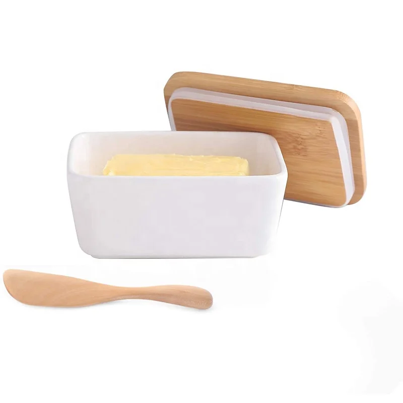 Large Butter Dish Airtight Keeper Holds Up to 1.5 Sticks of Butter,Porcelain Container with Bamboo Lid & Butter Wooden Knife