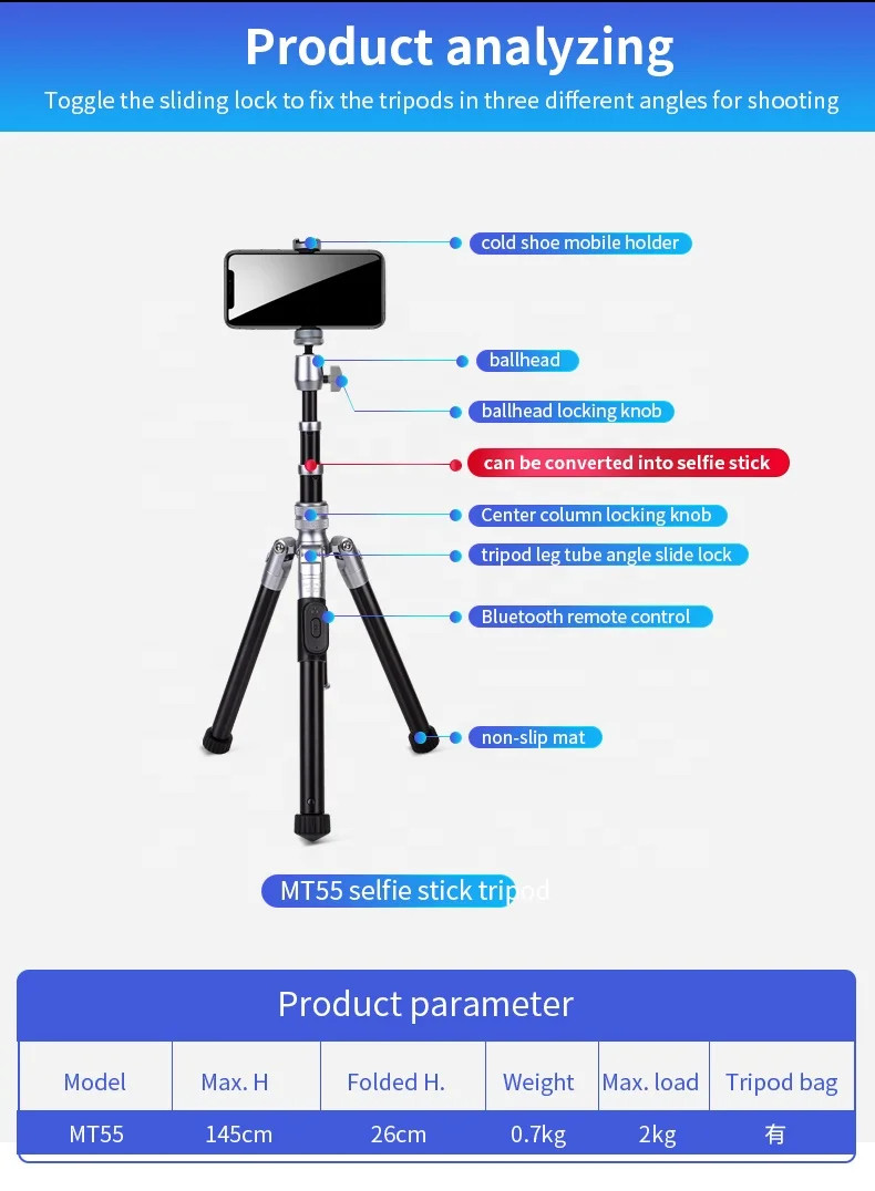 Coman MT55 Aluminum phone tripod stand flexible for camera video accessories