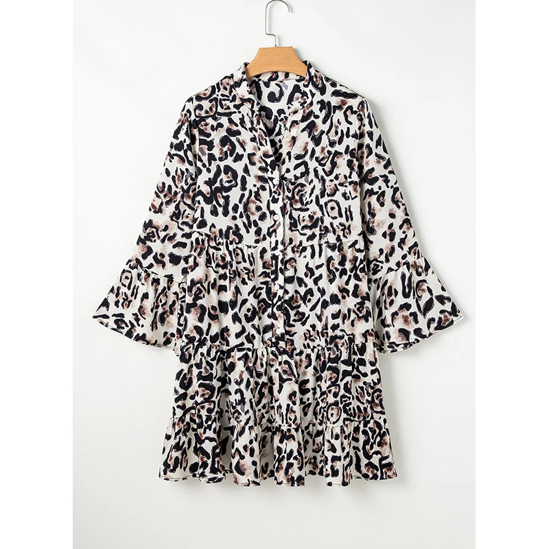 Dear-Lover Wholesale High Waist V Neck Buttoned Front 3/4 Sleeve Tiered Ruffled Hem Leopard Fashion Shirt Mini Dresses Women