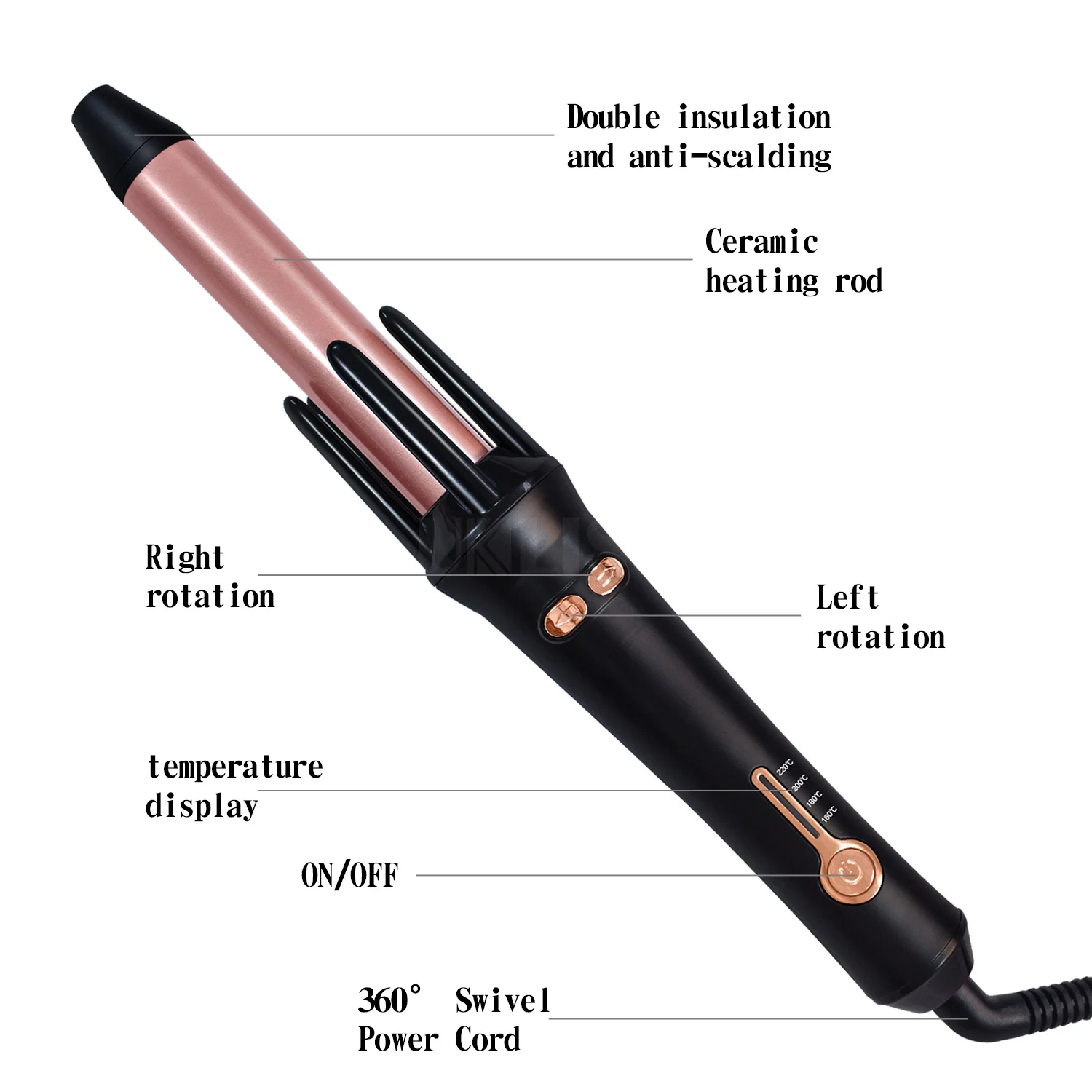 Digital automatic rotating hair curling iron with lcd display swiveling head hair curler