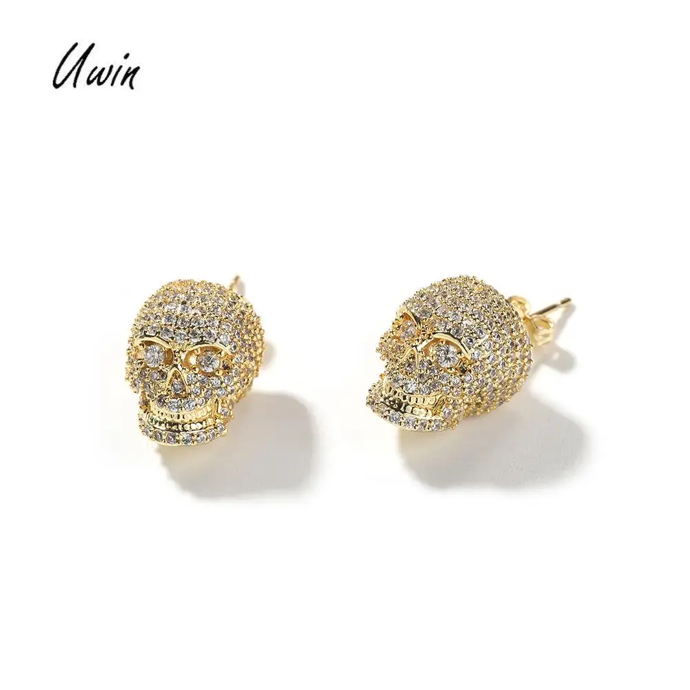 Hip Hop Skull Earring Mens Earrings Women 18K Gold Plated Jewelry Fashion Bling Brass CZ Earrings