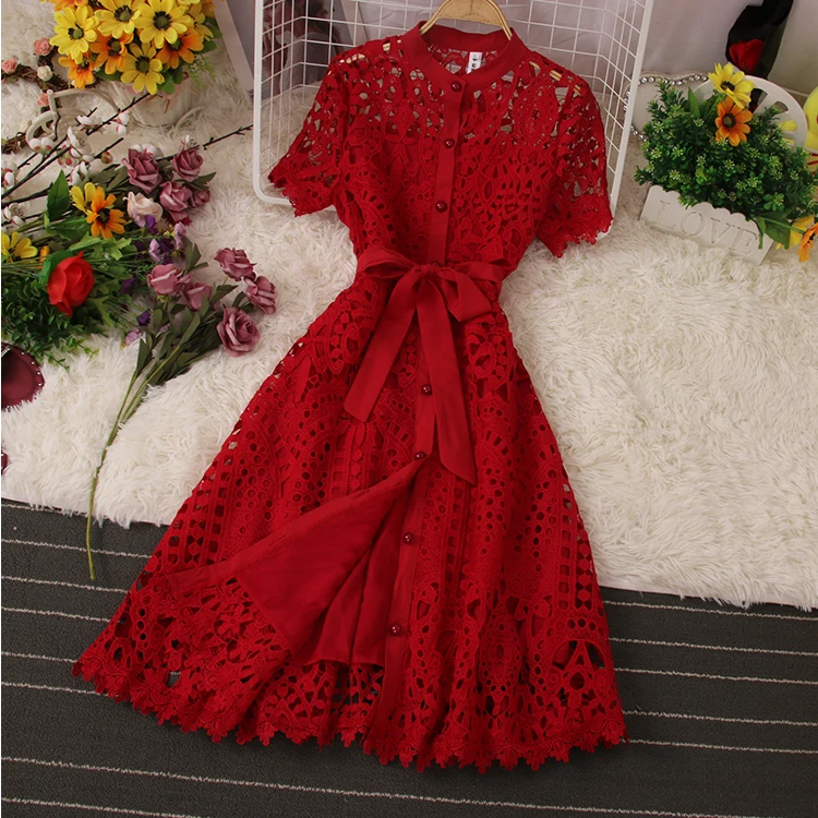 LY159  New Korean Chic Solid Color O Neck Hollow Out Midi Dress Women Sweet Dresses Clothing Wholesale 9