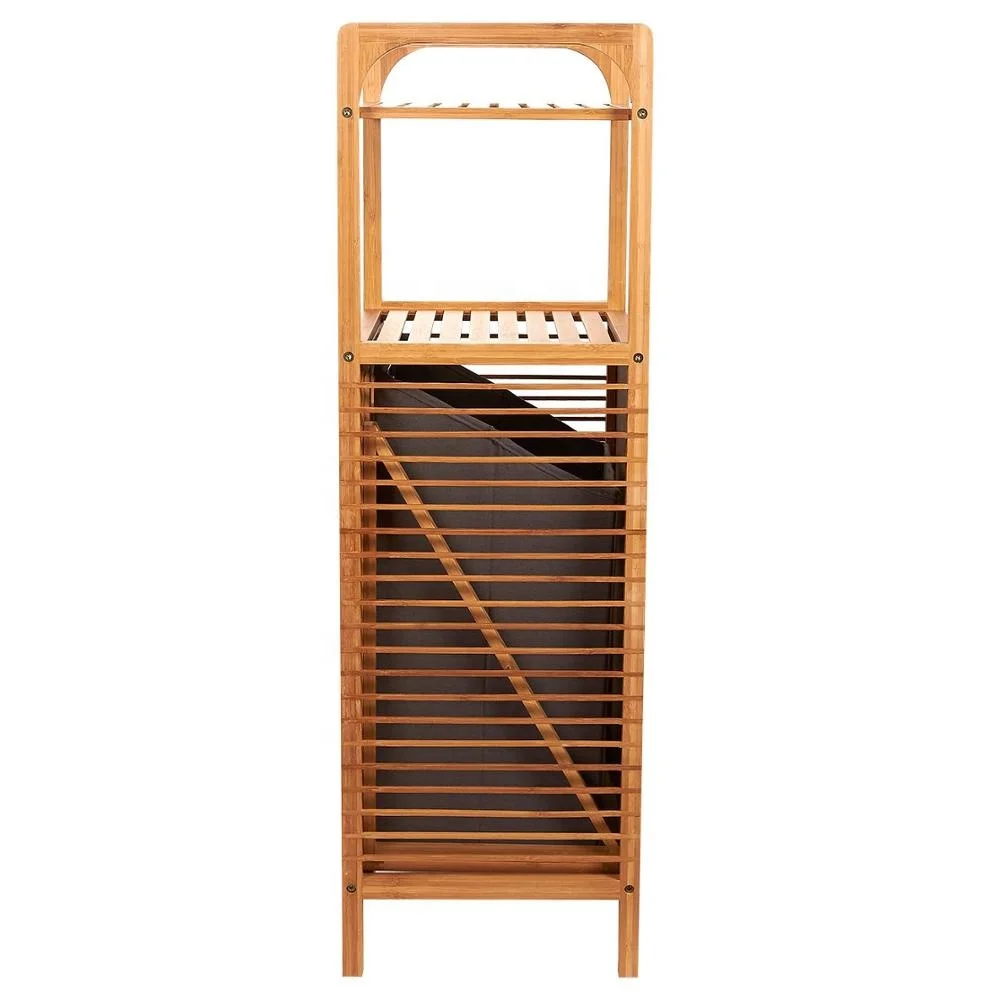 Bamboo Shelf with Tilt-Out Hamper Basket Clothes Hampers for Laundry Perfect for Bathrooms and Spas, Brown 15.8 x 37.5 x 11.8 In