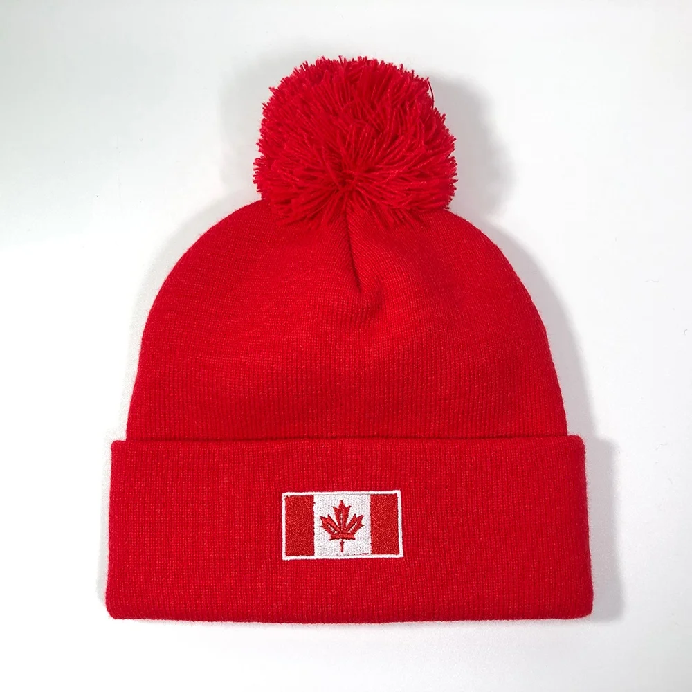 OEM Canada hip hop classic fashion acrylic colorful unisex warm pompom cuff winter toque hat custom embroidery design red beanie