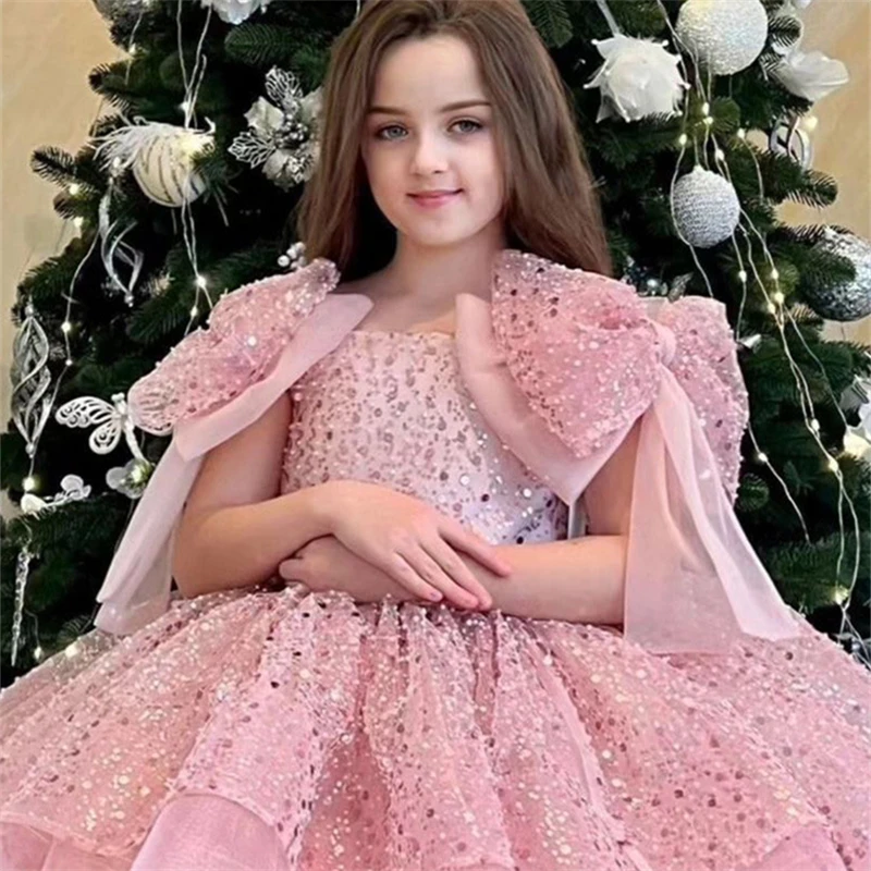 Children Party Dress Big Bow Shoulder Princess Sweet Sequin Puffy Prom Gown Baby Girls Piano Perform Formal Evening Dresses