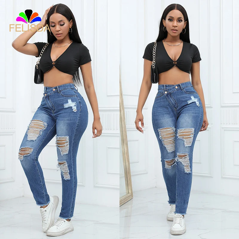 Ripped Holes Skinny Jeans Women Fashion Autumn Stretch Slash Pockets Distressed High Waist Pencil Pants Trousers Denim Jeans