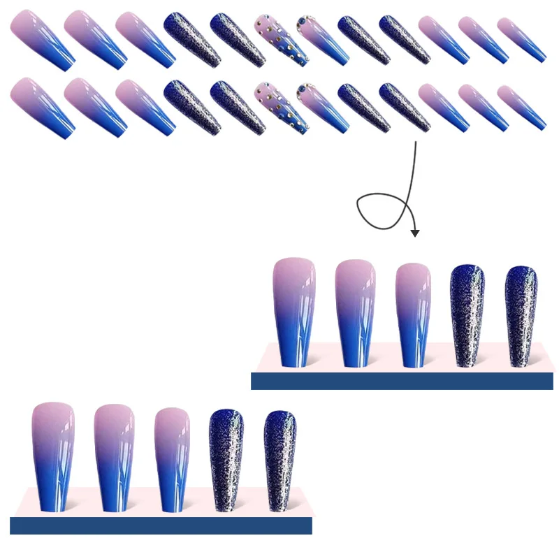 Coffin Press on Nails Long Gradient Blue Fake Nails Acrylic Glitter Diamond False Nails with Designs Blue Ballerina Glue on Tips
