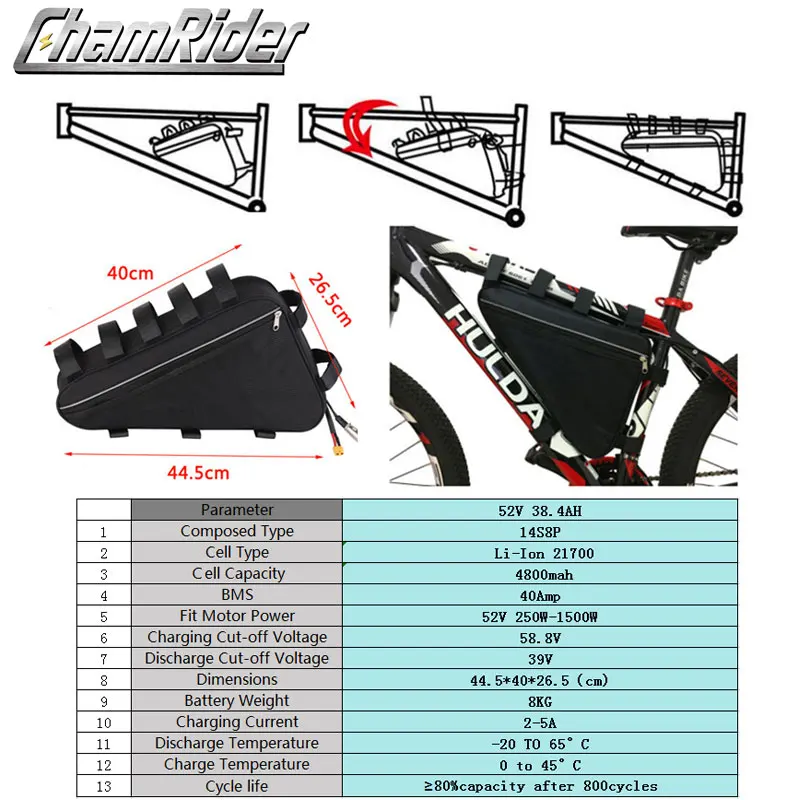 Оригинальный треугольный аккумулятор ChamRider 52 в для электровелосипеда большой емкости 250 Вт-1500 Вт сверхмощный Bafang 21700