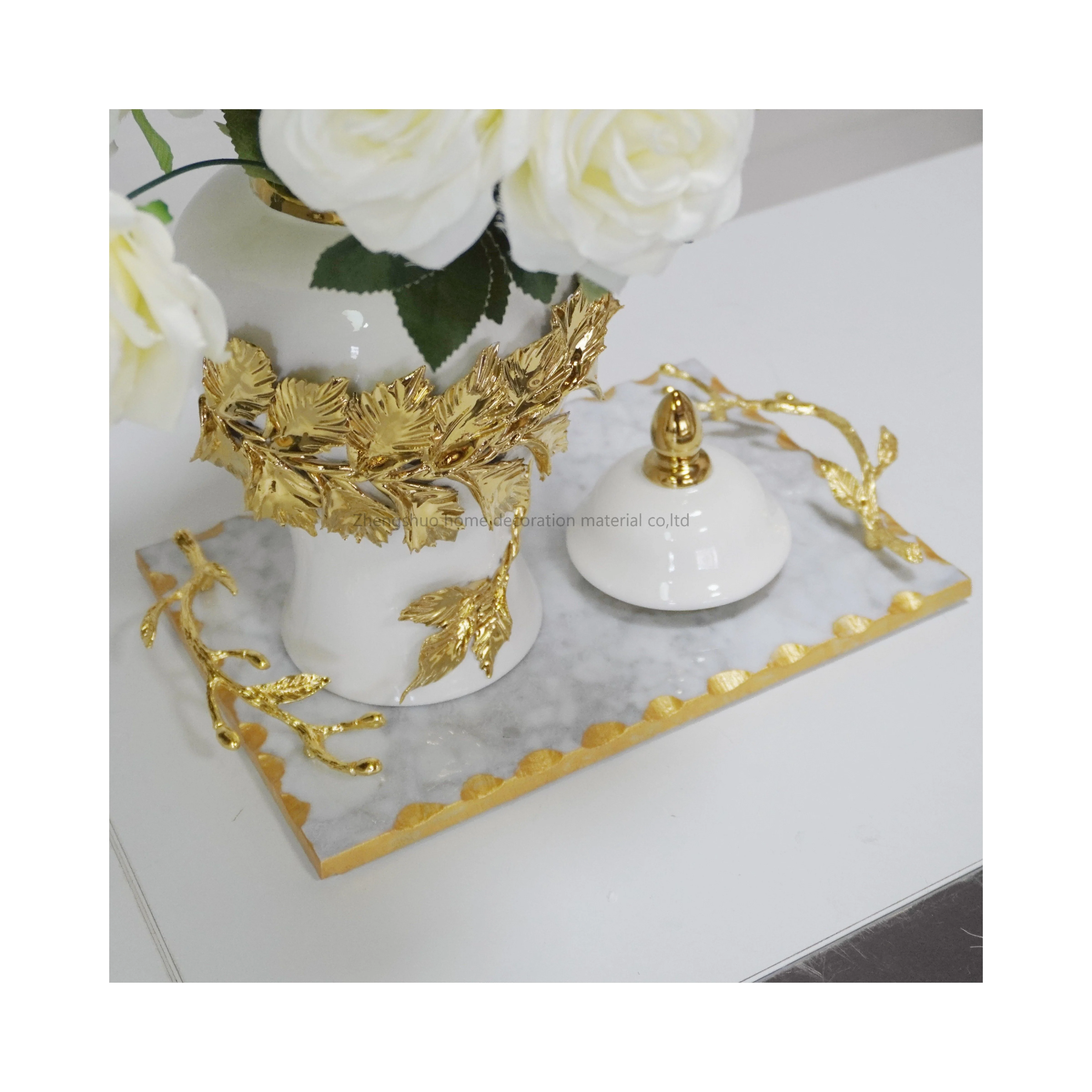 Factory wholesale natural marble gold handle white tray gold edge for home restaurant wedding decoration