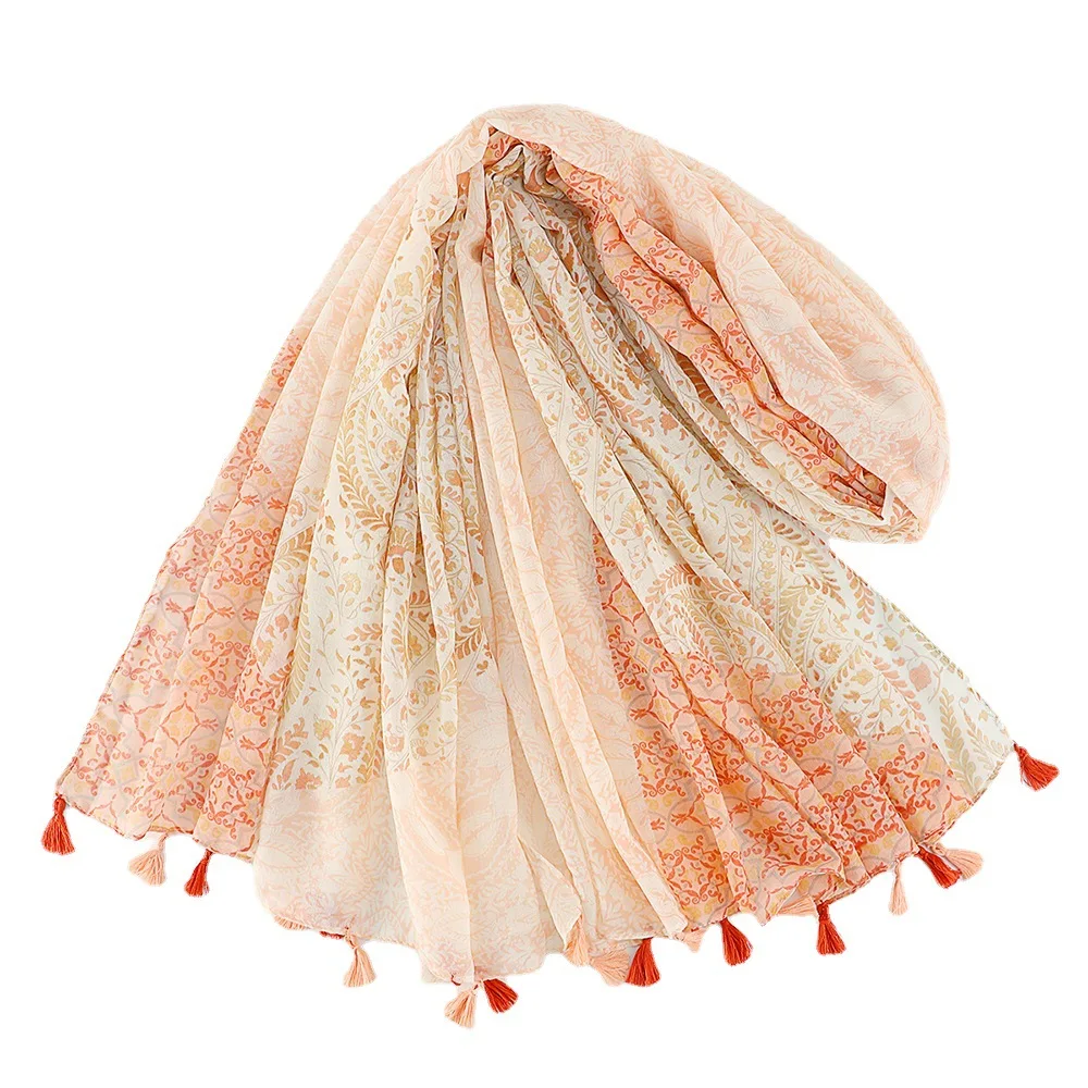 New ethnic style cotton and linen feel ladies scarf orange cashew wheat ear tassel seaside travel beach towel
