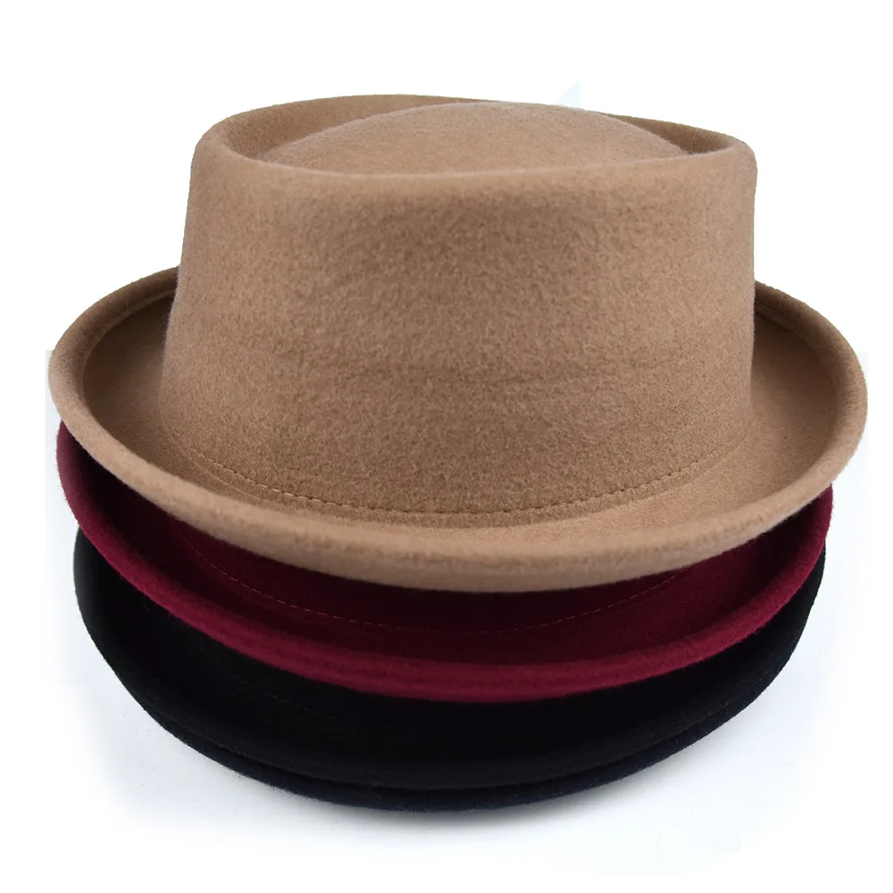 New 100% Wool Felt Trilby Pork Pie Hat Women Men Classical Solid Color Curved Brim Woolen Fedora Cap